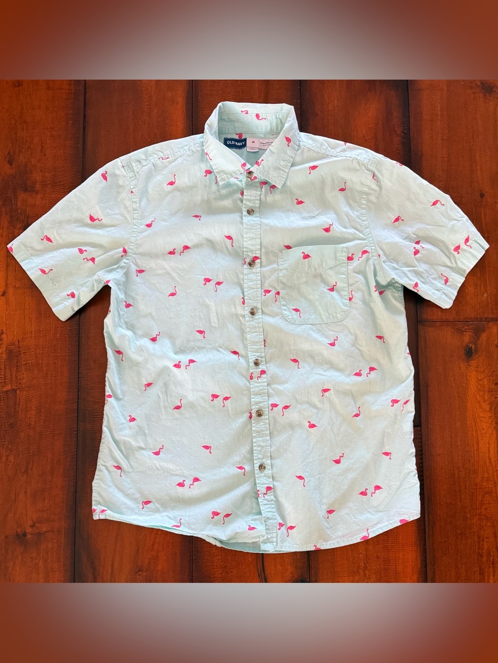 Old Navy Light Blue Short-Sleeve Button-Down Shirt with Pink Flamingo Print